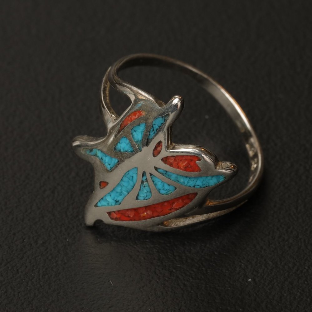 Vintage Coin Silver Ring With Turquoise & Coral Inlays